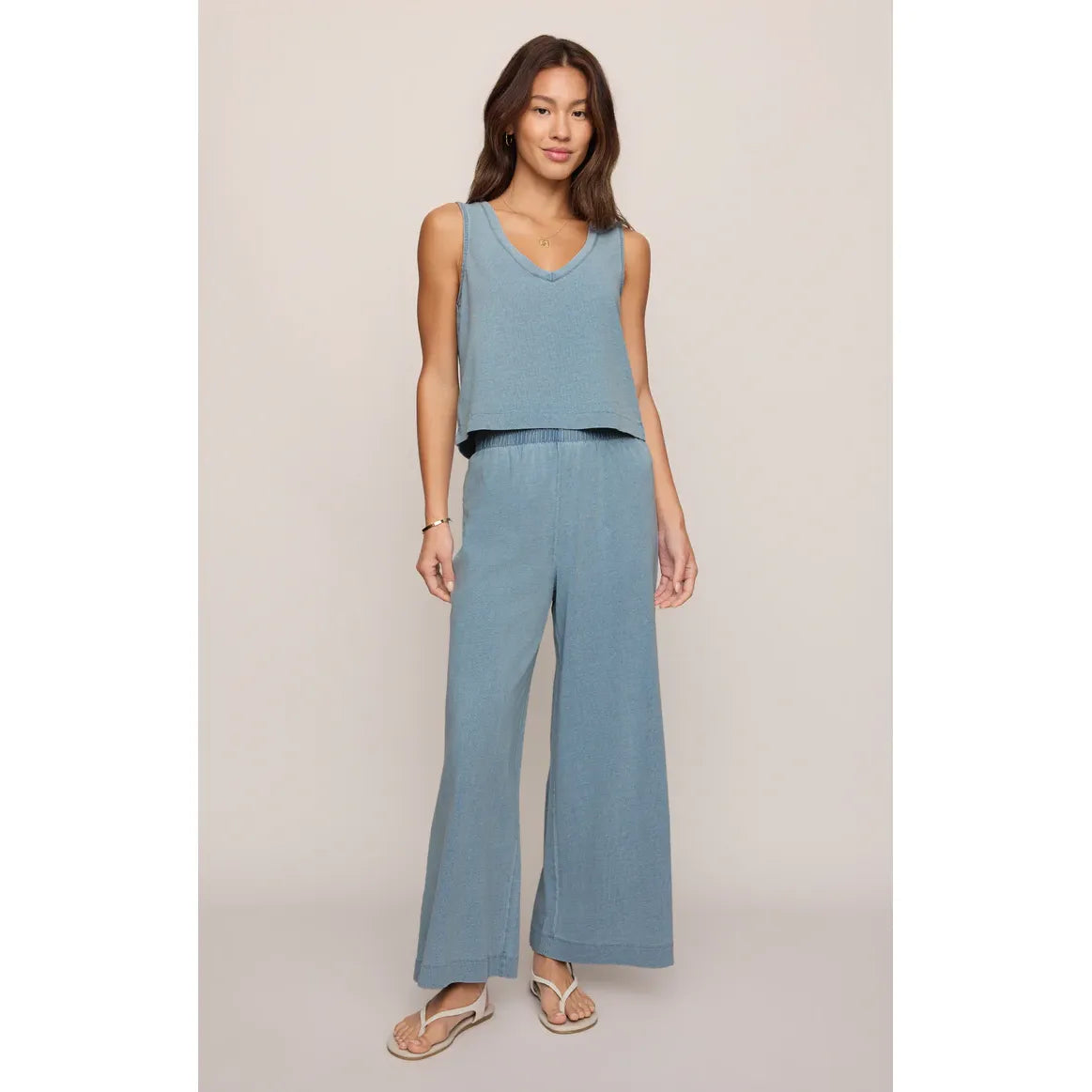 Z Supply Sloane V-Neck Tank in light blue with matching wide-leg pants on model