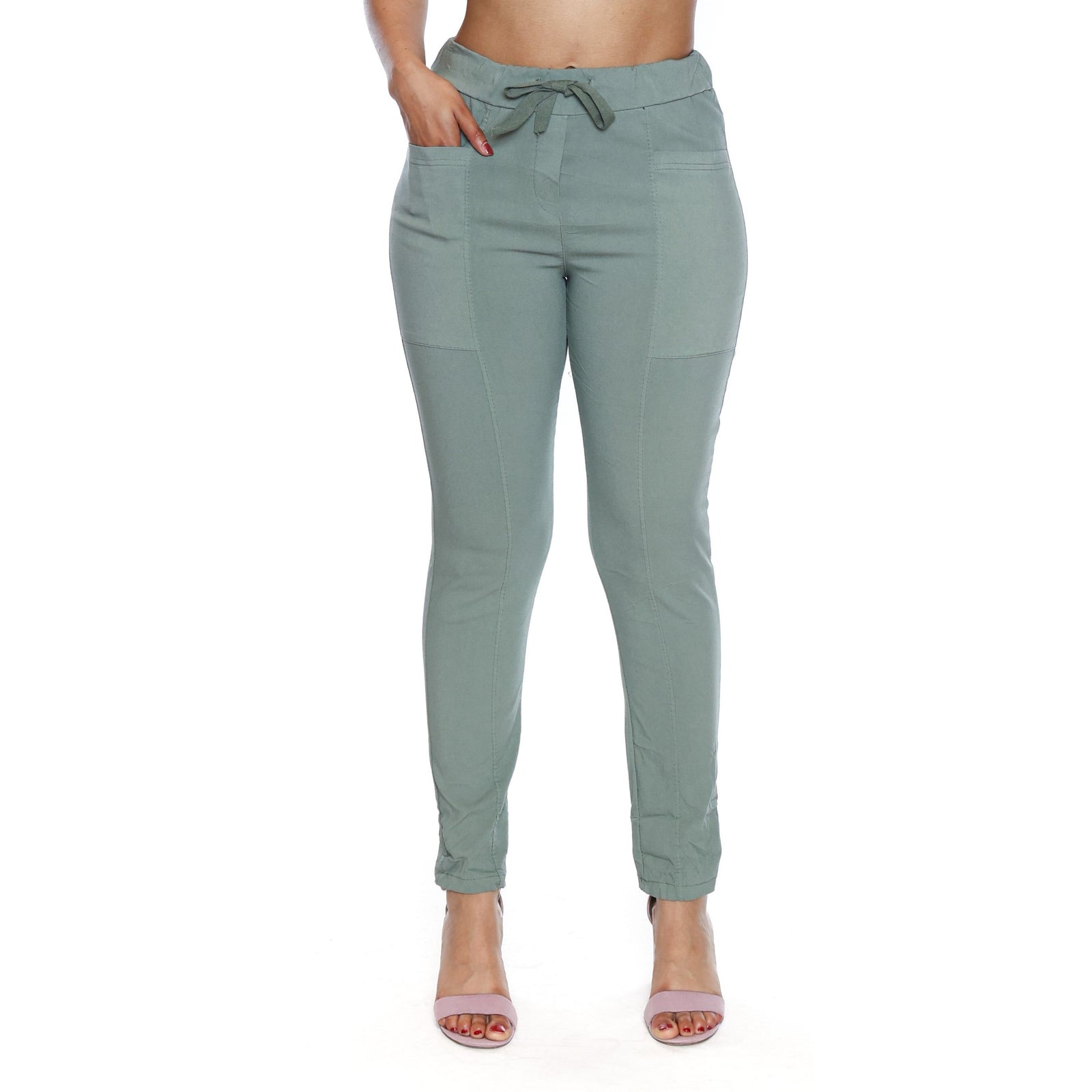 Dusty pink Sorella stretch drawstring cropped pants with rolled cuffs, front pockets, and adjustable waist