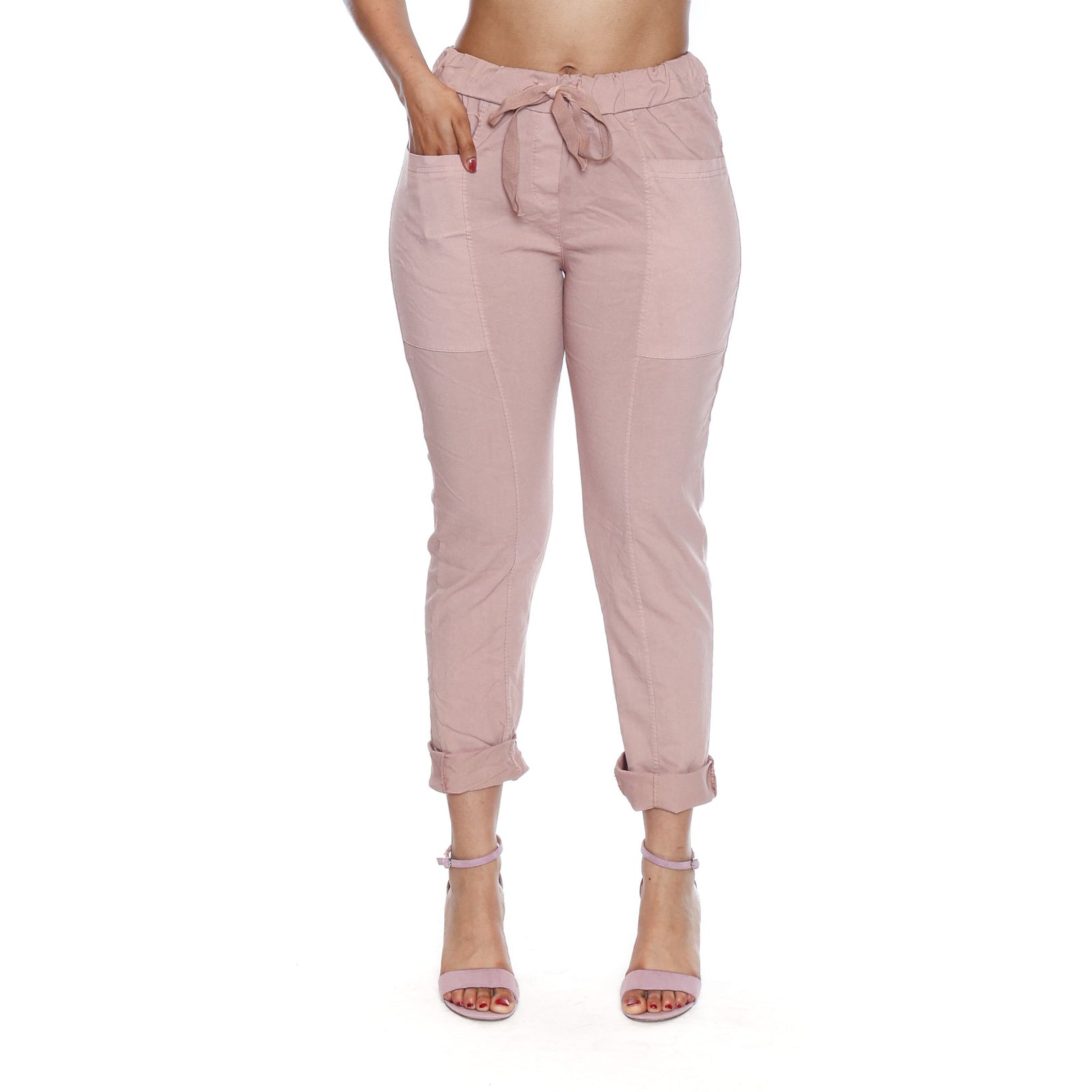 Dusty pink Sorella stretch drawstring cropped pants with rolled cuffs, front pockets, and adjustable waist