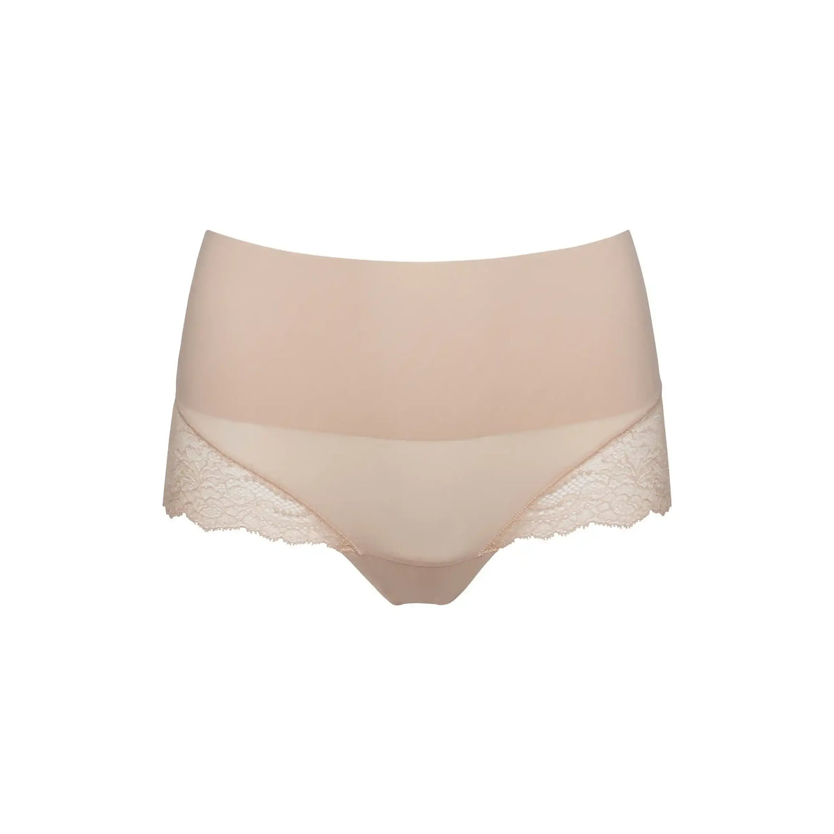 SPANXsmooth Undie-tectable Lace Hi-Hipster in nude with bonded waistband and lace hem.