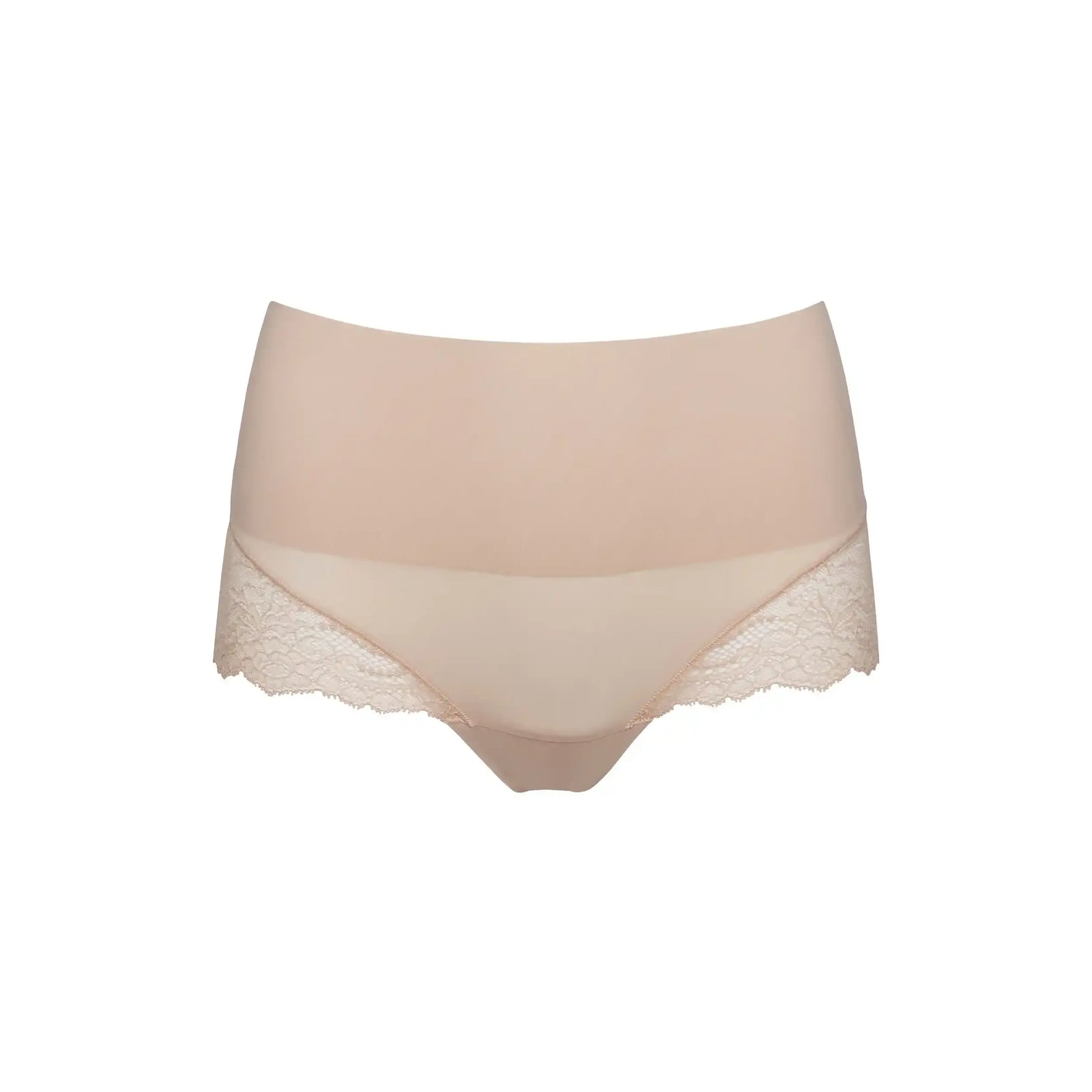 SPANXsmooth Undie-tectable Lace Hi-Hipster in nude with bonded waistband and lace hem.