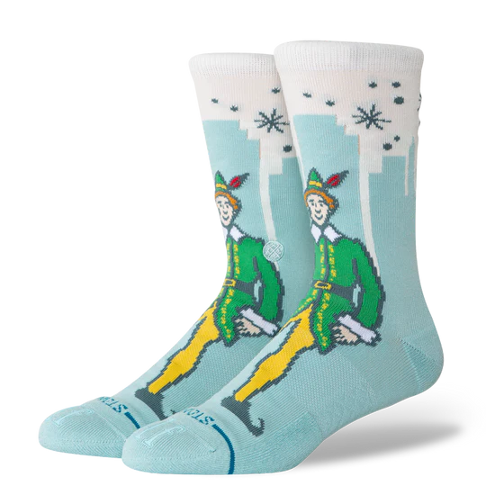 Stance Big City Elf Crew Socks with teal cityscape and elf, cushioned, seamless toe.