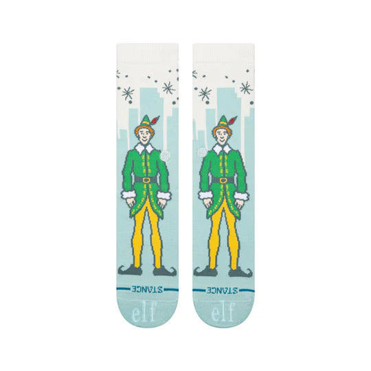 Stance Big City Elf Crew Socks with teal cityscape and elf, cushioned, seamless toe.