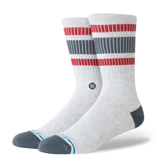 Stance Boyd Pop Stitch Crew Socks in grey with red and navy stripes; seamless toe, targeted cushioning, stay-put fit.