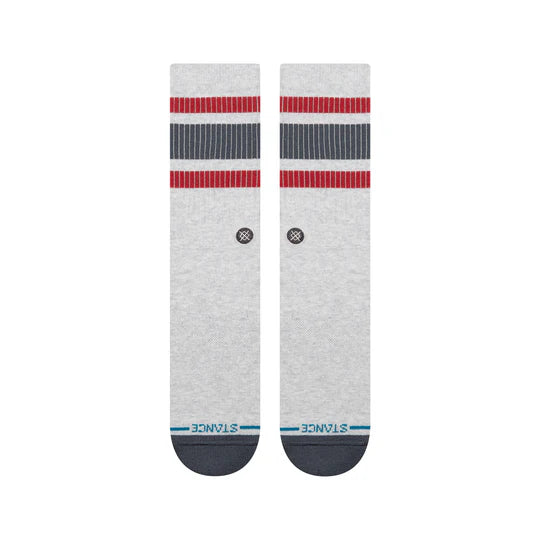 Pair of Stance Boyd Pop Stitch Crew Socks, grey heather with red and navy stripes, seamless toe, mid-calf length, logo.
