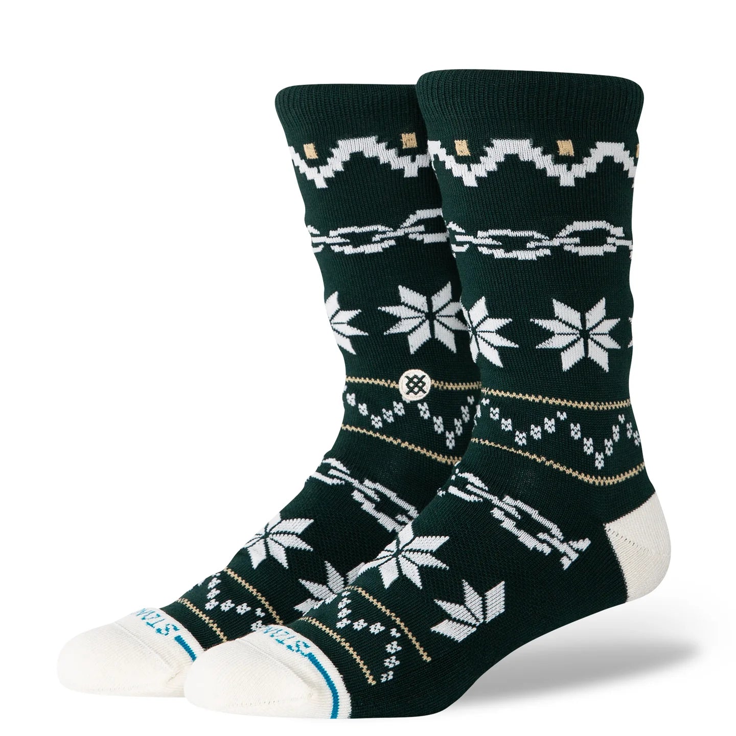 Stance Break the Season Crew Socks in dark green with white snowflake patterns and cushioned comfort.