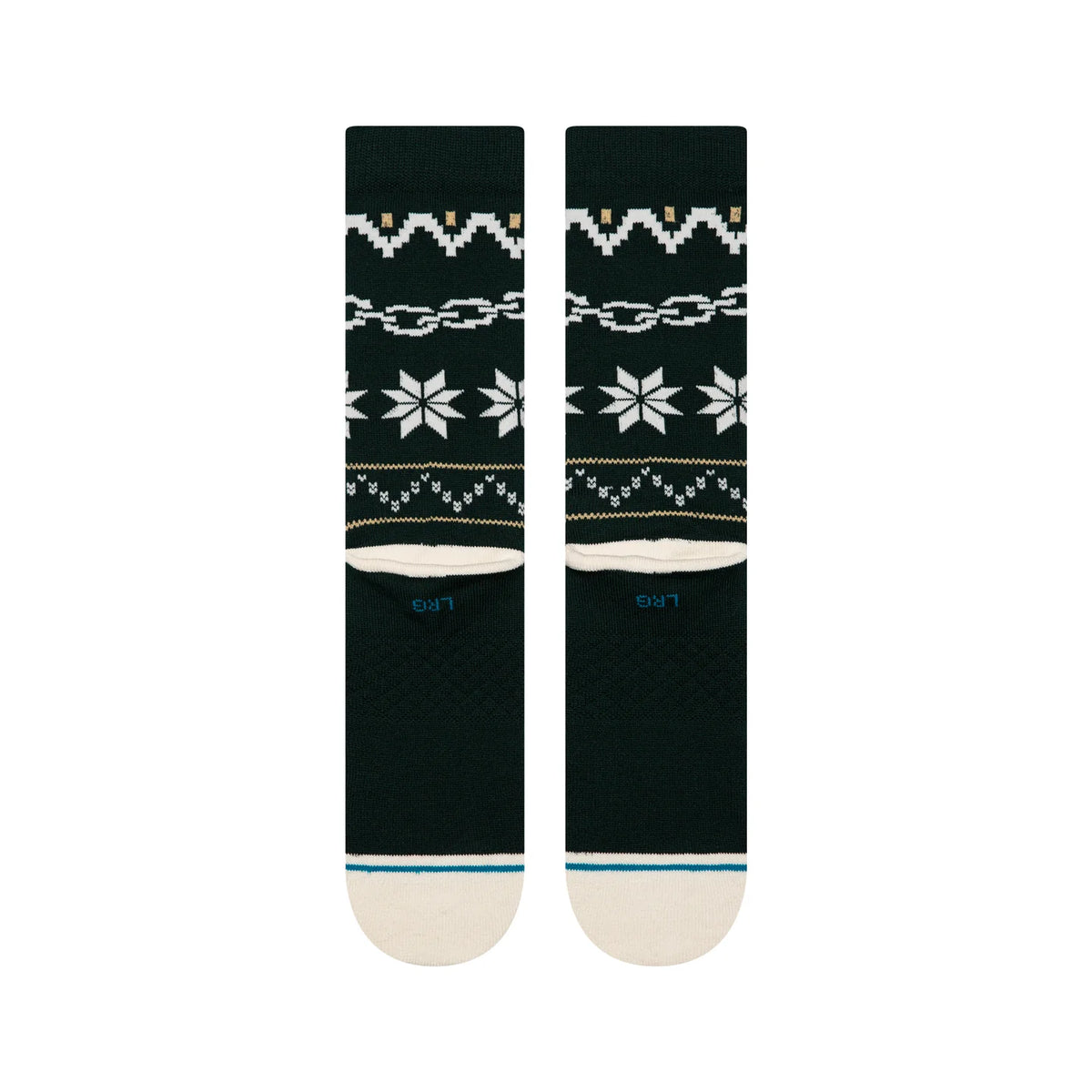 Pair of Stance Break the Season Crew Socks in navy with snowflake and chain patterns and cream toe tips.