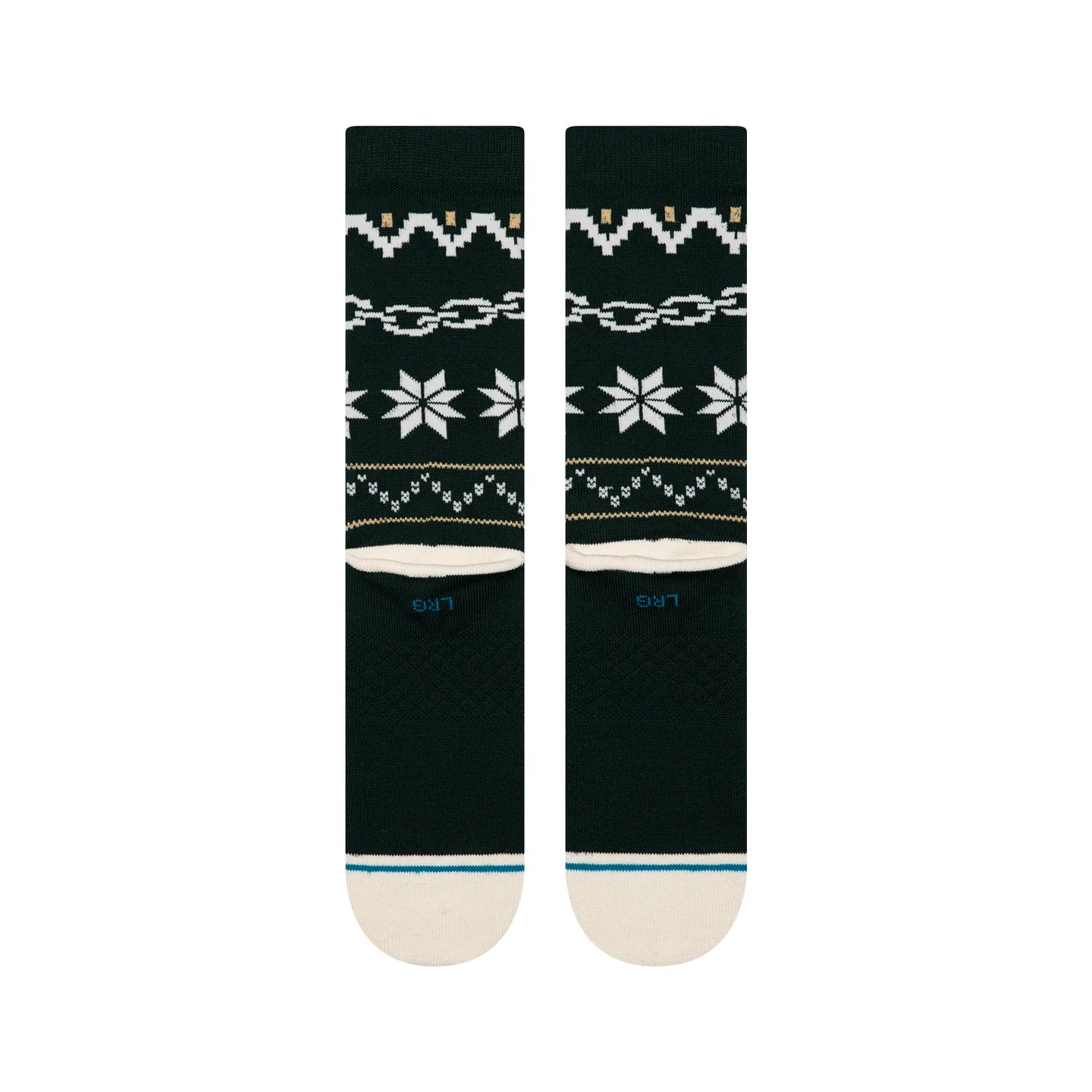 Pair of Stance Break the Season Crew Socks in navy with snowflake and chain patterns and cream toe tips.