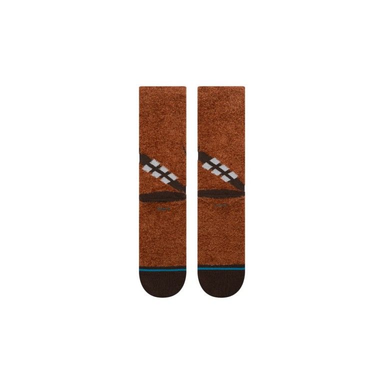 Stance BRP Chewie Crew Socks featuring brown Chewbacca face motif, argyle band, and blue toe accents.