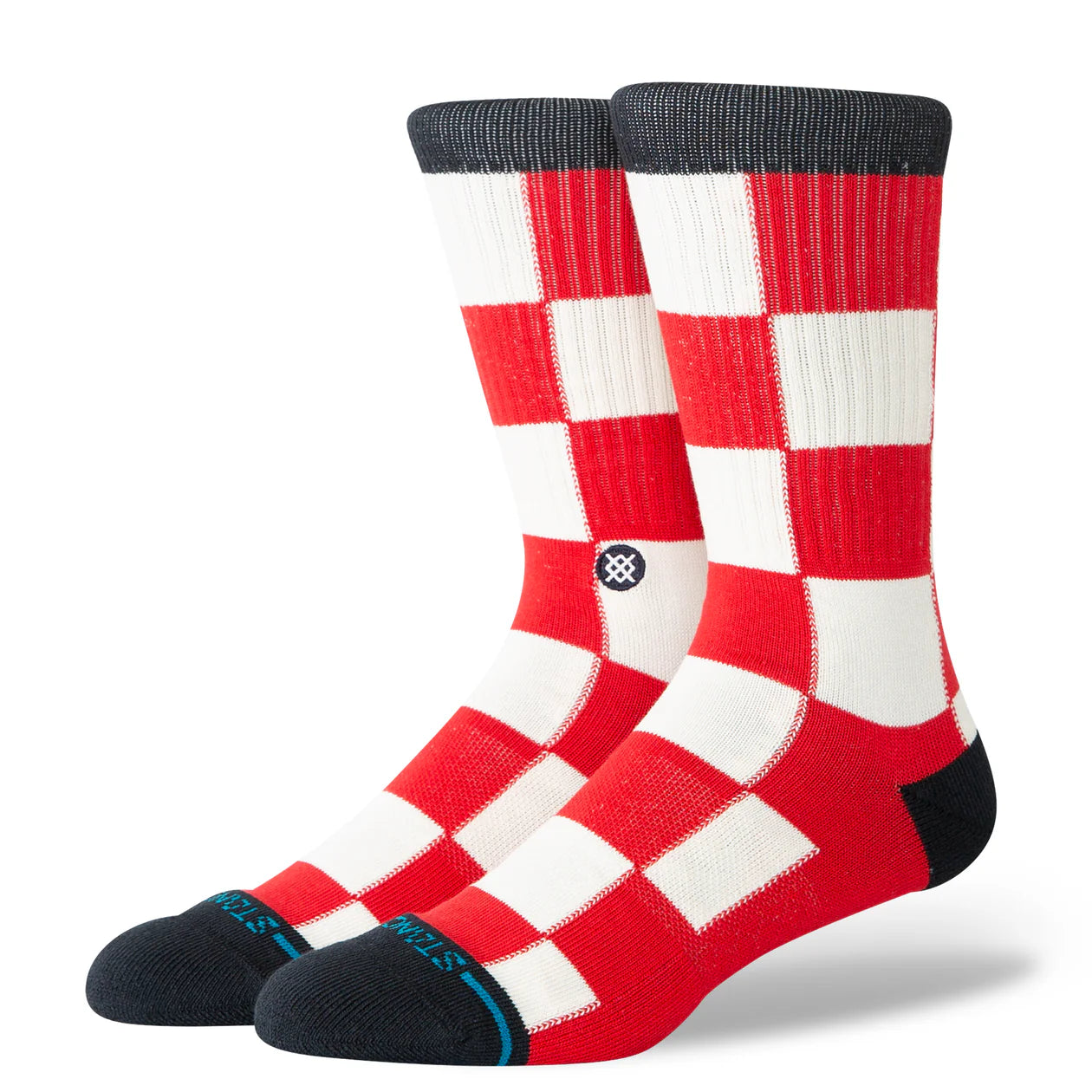 Pair of Stance Chaturanga Crew Socks in red-and-white checker with navy toes.