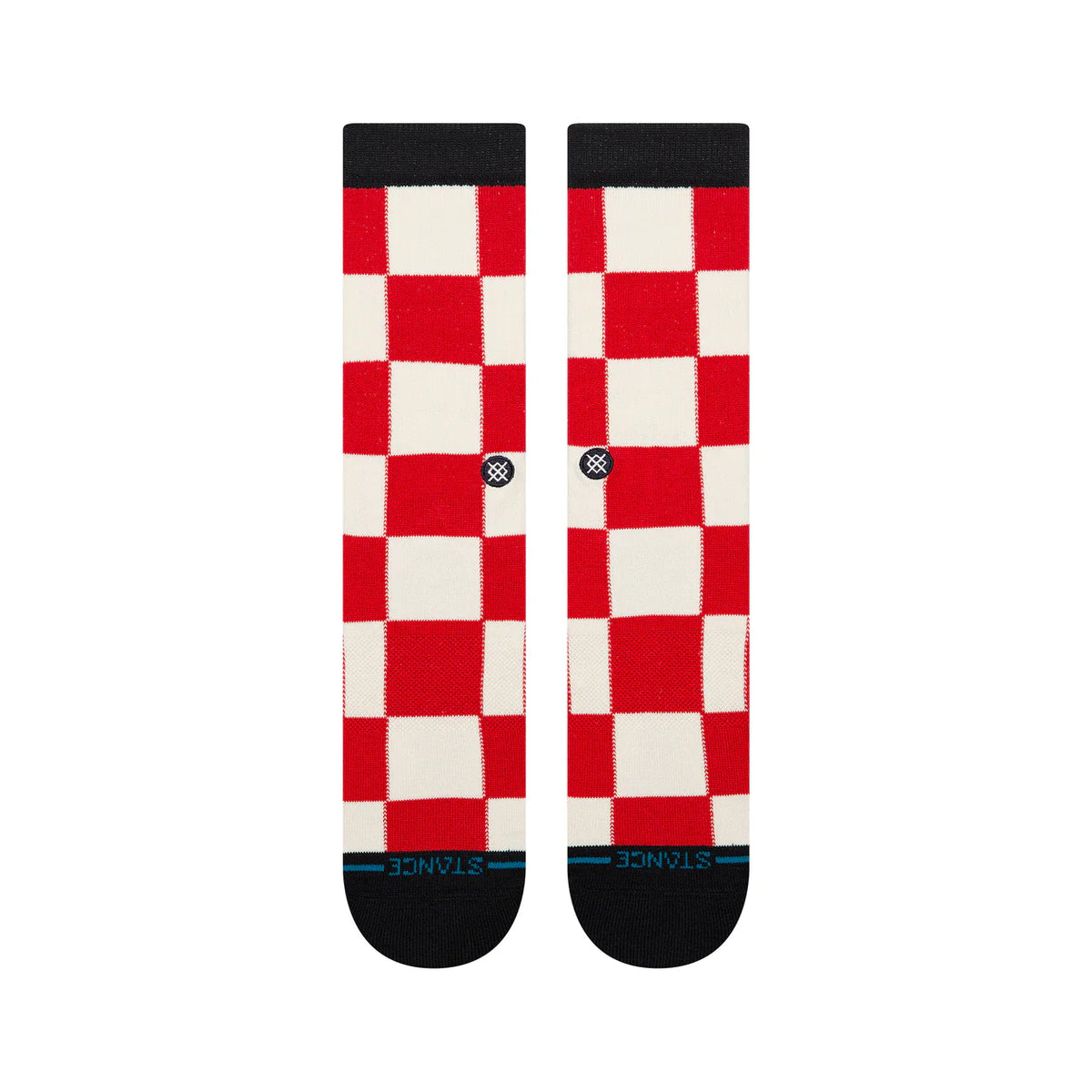 Stance Chaturanga Crew Socks in red-and-white checkerboard, crew-length with seamless toe and cushioned, stay-put fit.