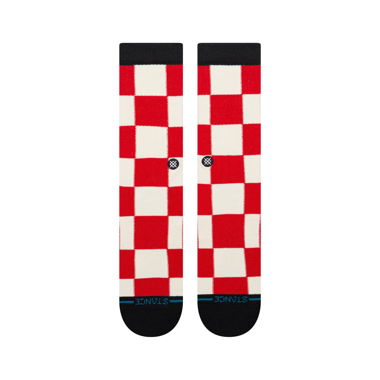 Stance Chaturanga Crew Socks in red-and-white checkerboard, crew-length with seamless toe and cushioned, stay-put fit.