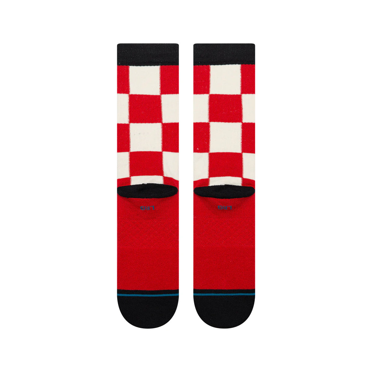 Stance Chaturanga Crew Socks in red and white checker pattern with black cuffs, seamless toe, mid-calf length.