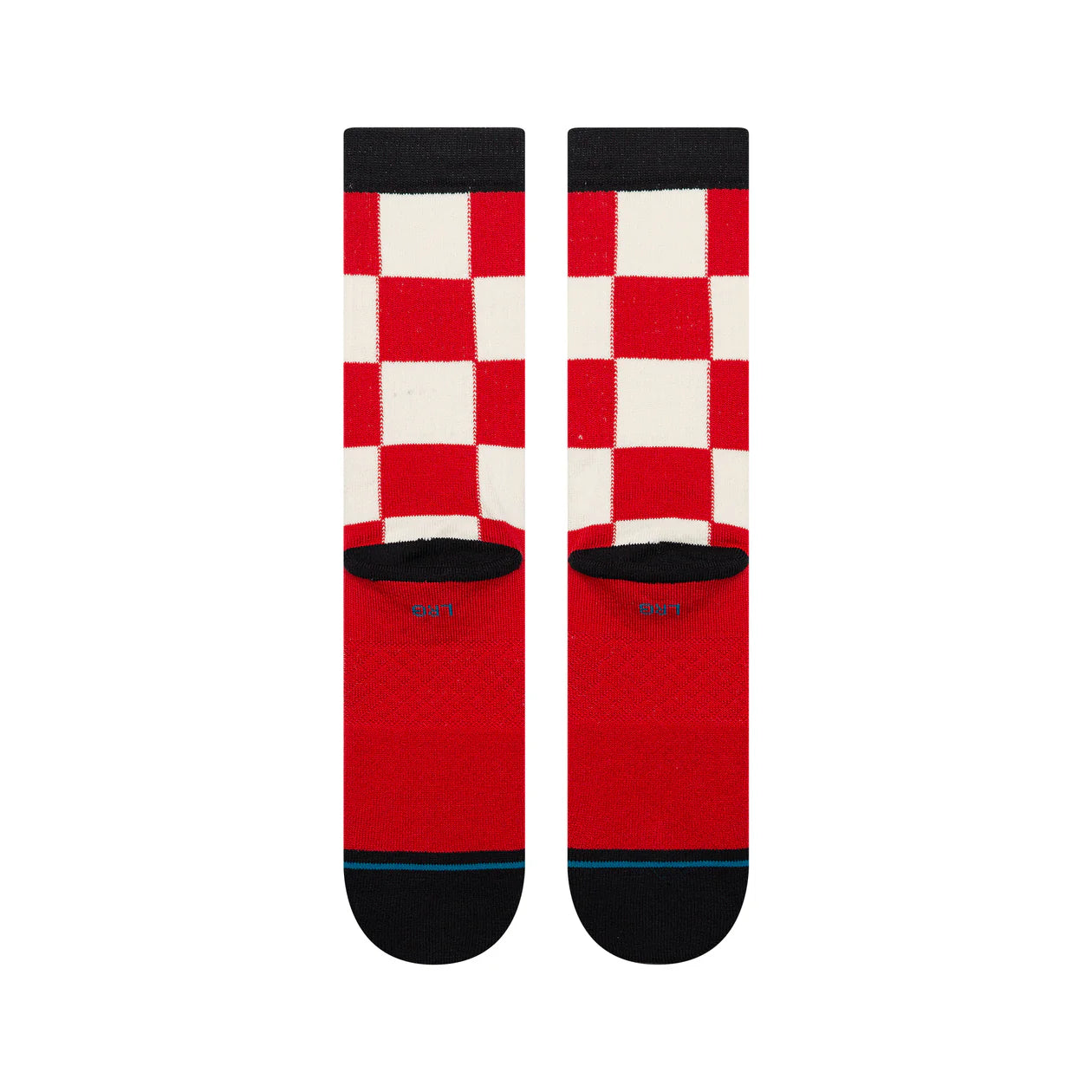 Stance Chaturanga Crew Socks in red and white checker pattern with black cuffs, seamless toe, mid-calf length.