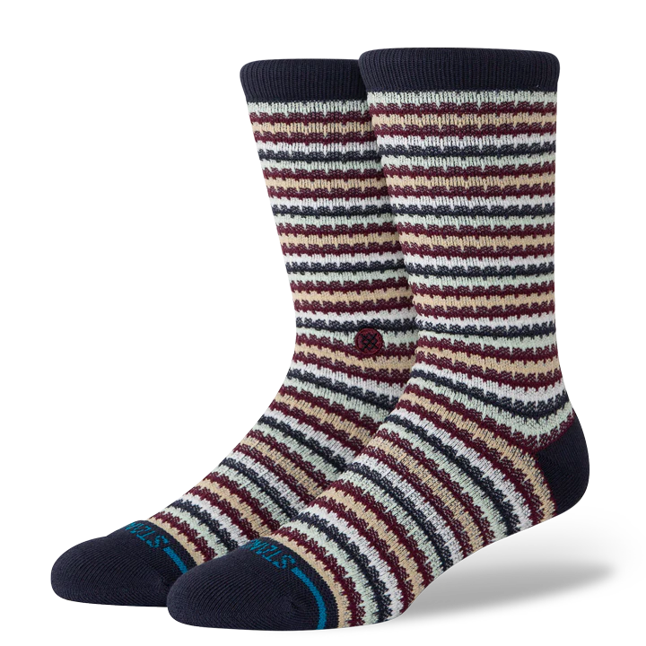Stance Gone Chicklets Waffle Crew Socks with navy toes and striped maroon, cream, and navy waffle knit.