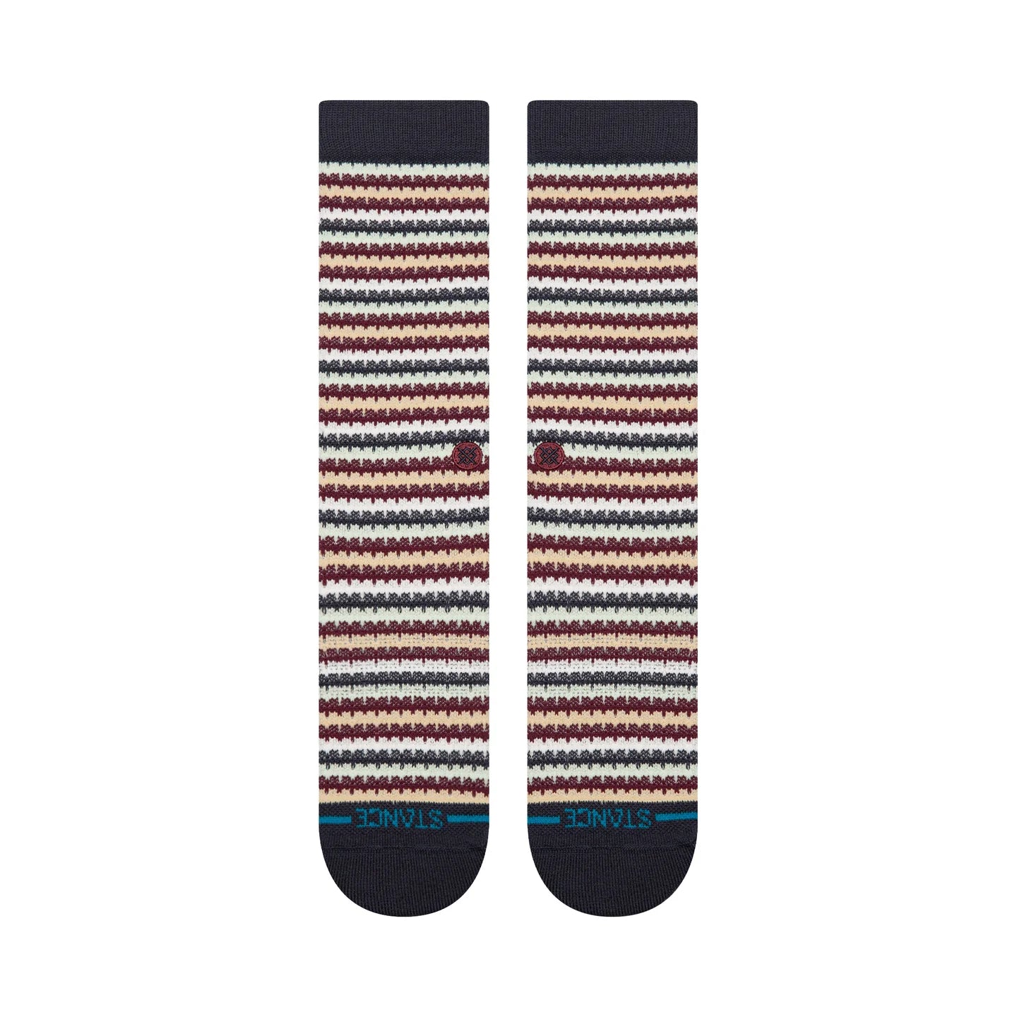 Stance Gone Chicklets Waffle Crew Socks with navy toes and striped maroon, cream, and navy waffle knit.