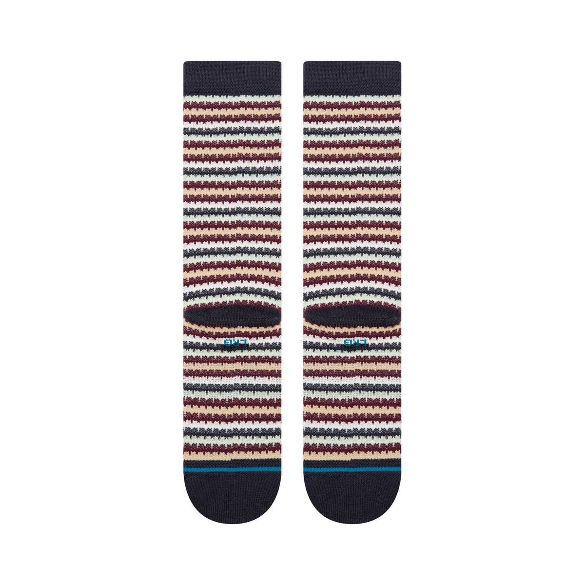 Stance Gone Chicklets Waffle Crew Socks with navy base and red, tan, white stripes, waffle knit, seamless toe.