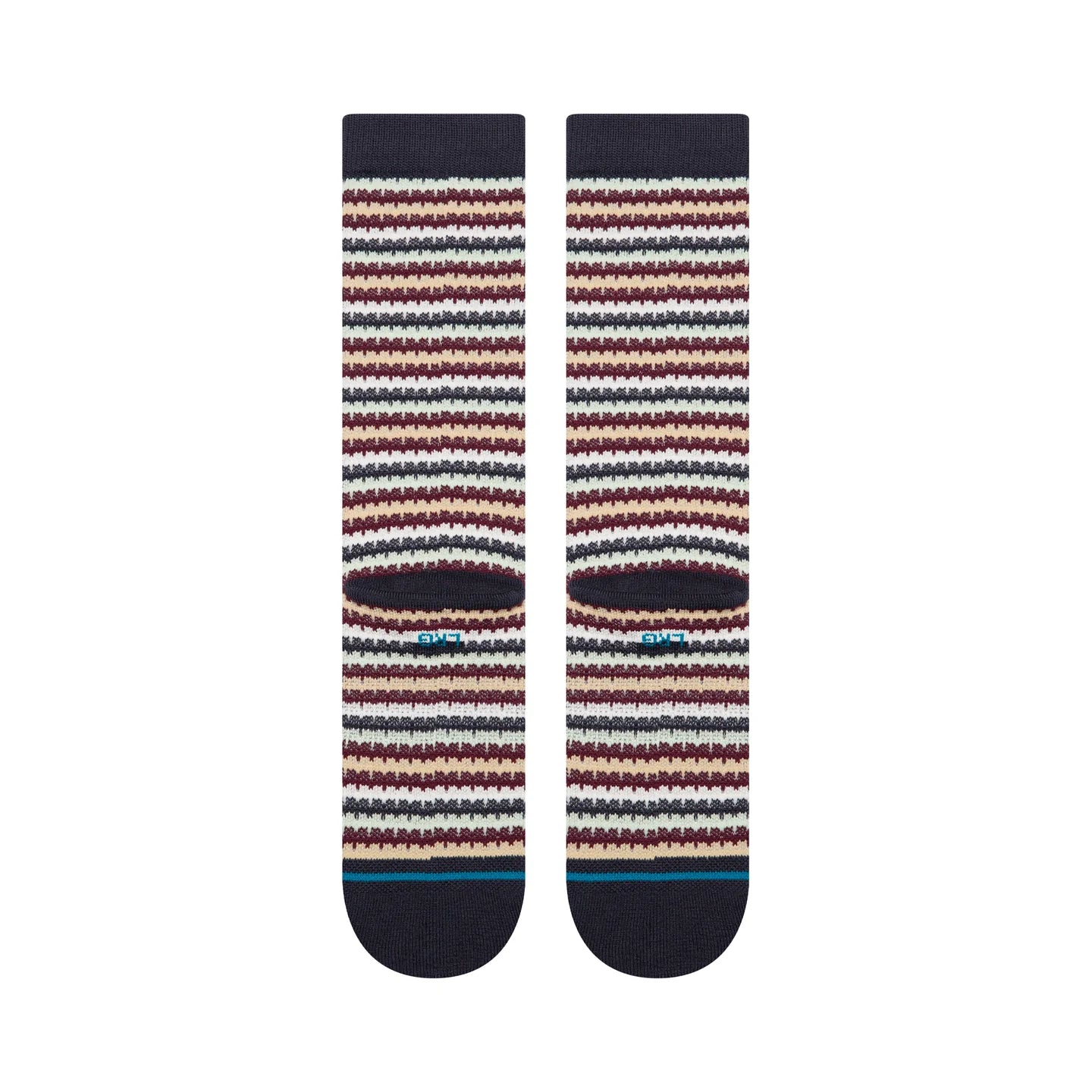 Stance Gone Chicklets Waffle Crew Socks with navy base and red, tan, white stripes, waffle knit, seamless toe.