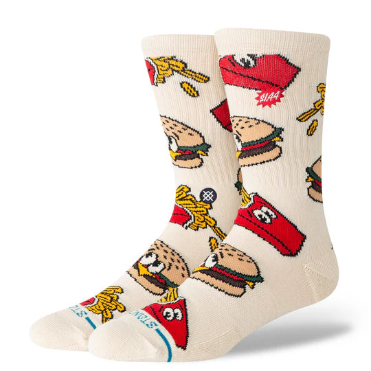 Stance Combo Meal Crew Socks with burger-and-fries pattern; mid-calf, seamless toe cap, cushioned comfort.