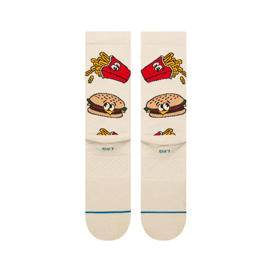 Stance Combo Meal Crew Socks with burger and fries pattern, cream background, crew length, seamless toe cap.