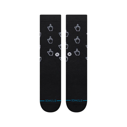 Stance Cursor Crew Socks in black with white cursor icons, blue STANCE logo at toe, cushioned, seamless toe.