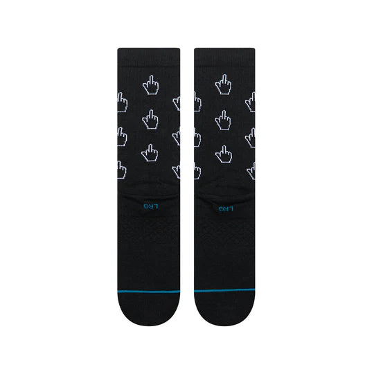 Stance Cursor Crew Socks: black crew socks with repeating white cursor icons, mid-calf length, seamless toe.