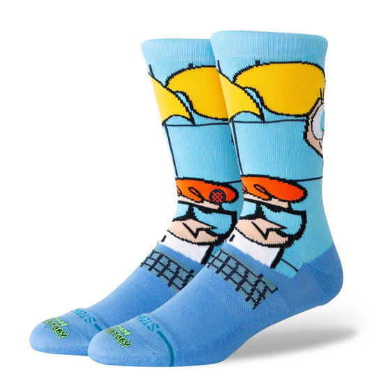 Stance Dexters Crew Sock in blue with Dexter cartoon graphics, mid-calf height, seamless toe, premium combed cotton.