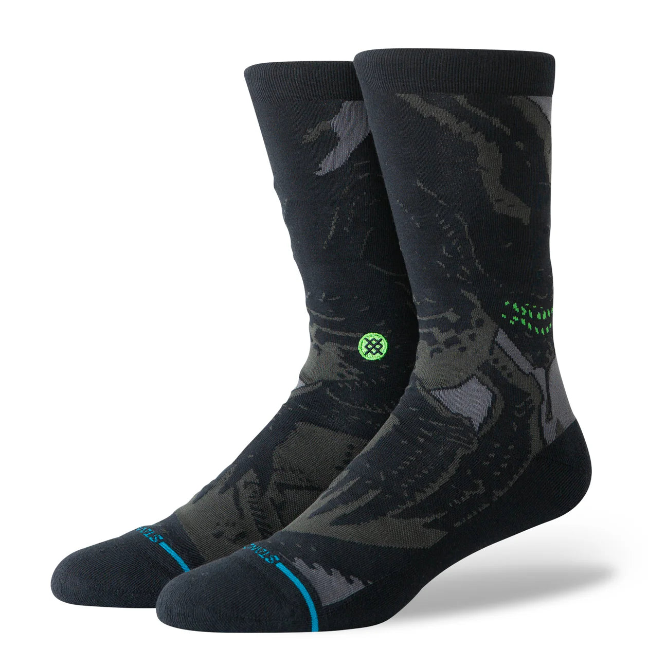 Stance Alien Crew Sock with sci-fi Xenomorph camo design, mid-weight cushioning, seamless toe closure.