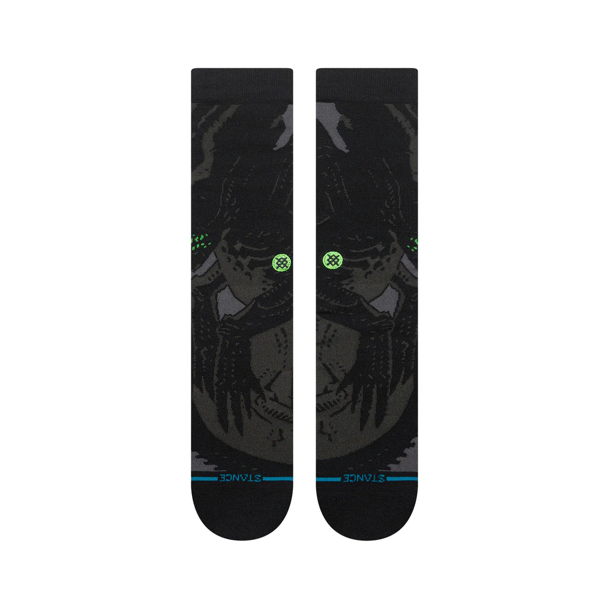 Stance Alien Crew Sock pair featuring Xenomorph graphics on black fabric with neon green emblem and blue toe band.