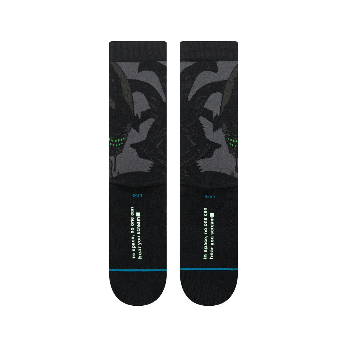 Stance Alien Crew Socks: pair with Xenomorph graphics on black fabric, green accents and blue toe stripe.