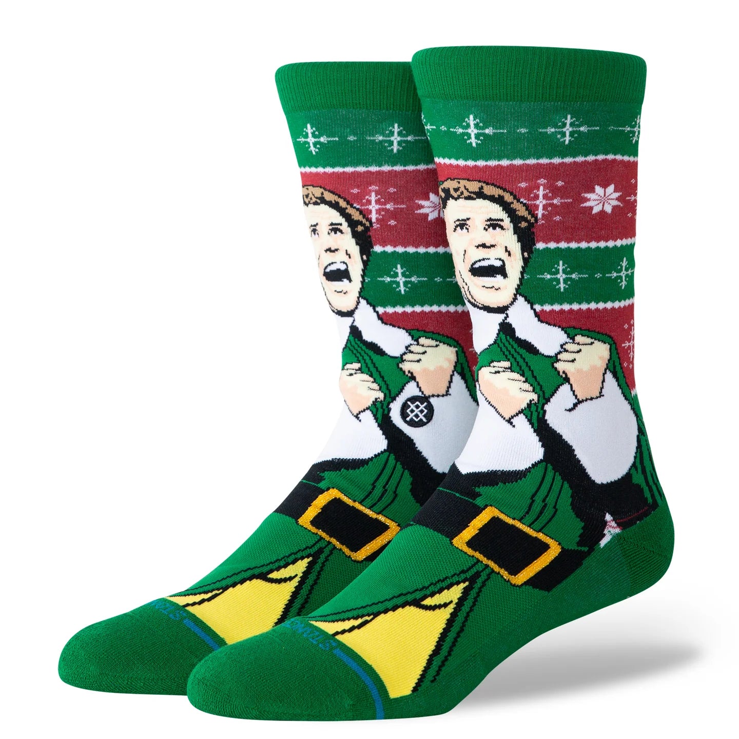 Green Elf x Stance crew socks featuring Buddy’s Cold Outside pose against a festive red and green holiday pattern.