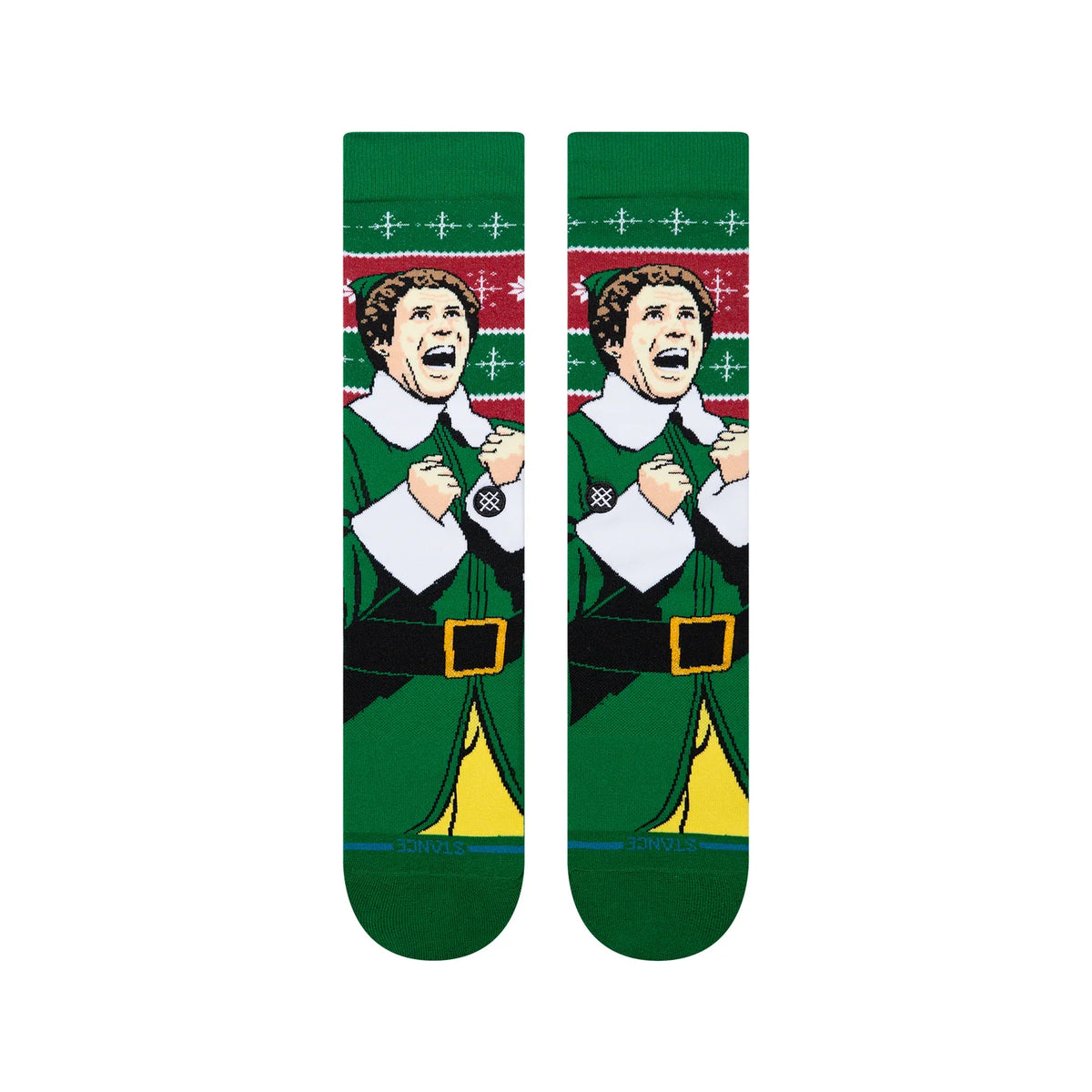 Green Stance Elf crew socks featuring the "Cold Outside" character in a green suit against a festive red and green pattern.