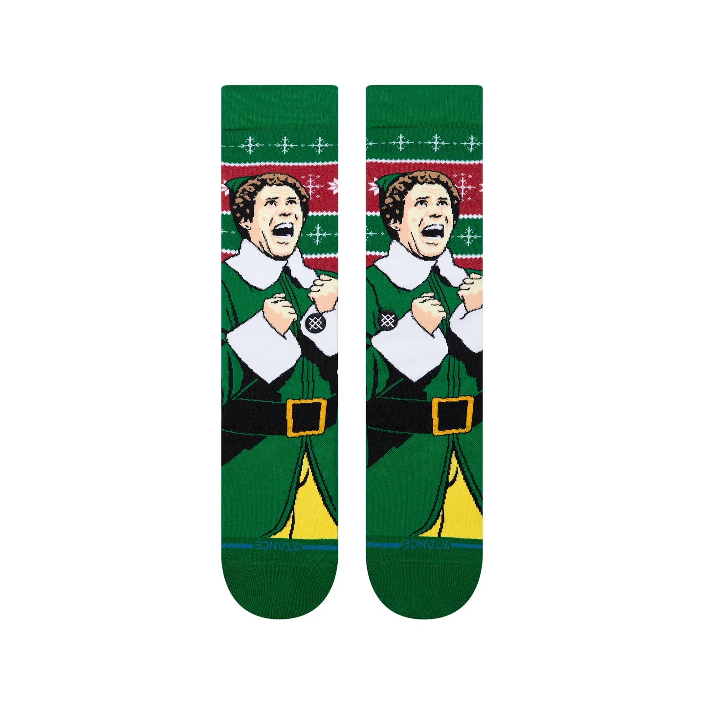 Green Stance Elf crew socks featuring the "Cold Outside" character in a green suit against a festive red and green pattern.