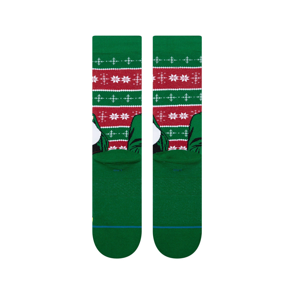 Green Elf crew socks featuring red bands with white snowflakes and an Elf graphic, inspired by the Cold Outside duet.