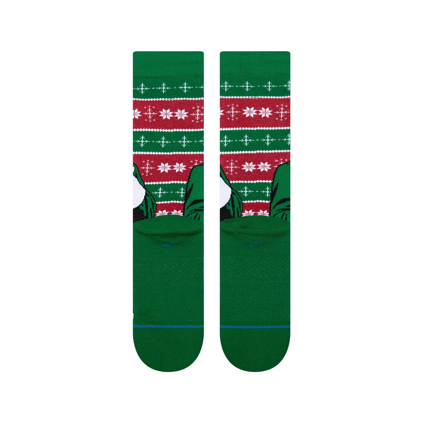 Green Elf crew socks featuring red bands with white snowflakes and an Elf graphic, inspired by the Cold Outside duet.