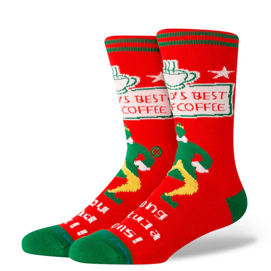 Stance Elf Worlds Best Coffee Crew Socks, red with green toes and heels, festive elf and coffee graphics.