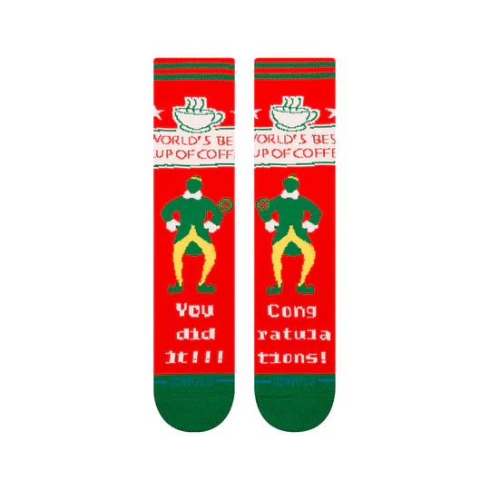 Stance Elf Worlds Best Coffee Crew Socks, red with green toes and heels, festive elf and coffee graphics.