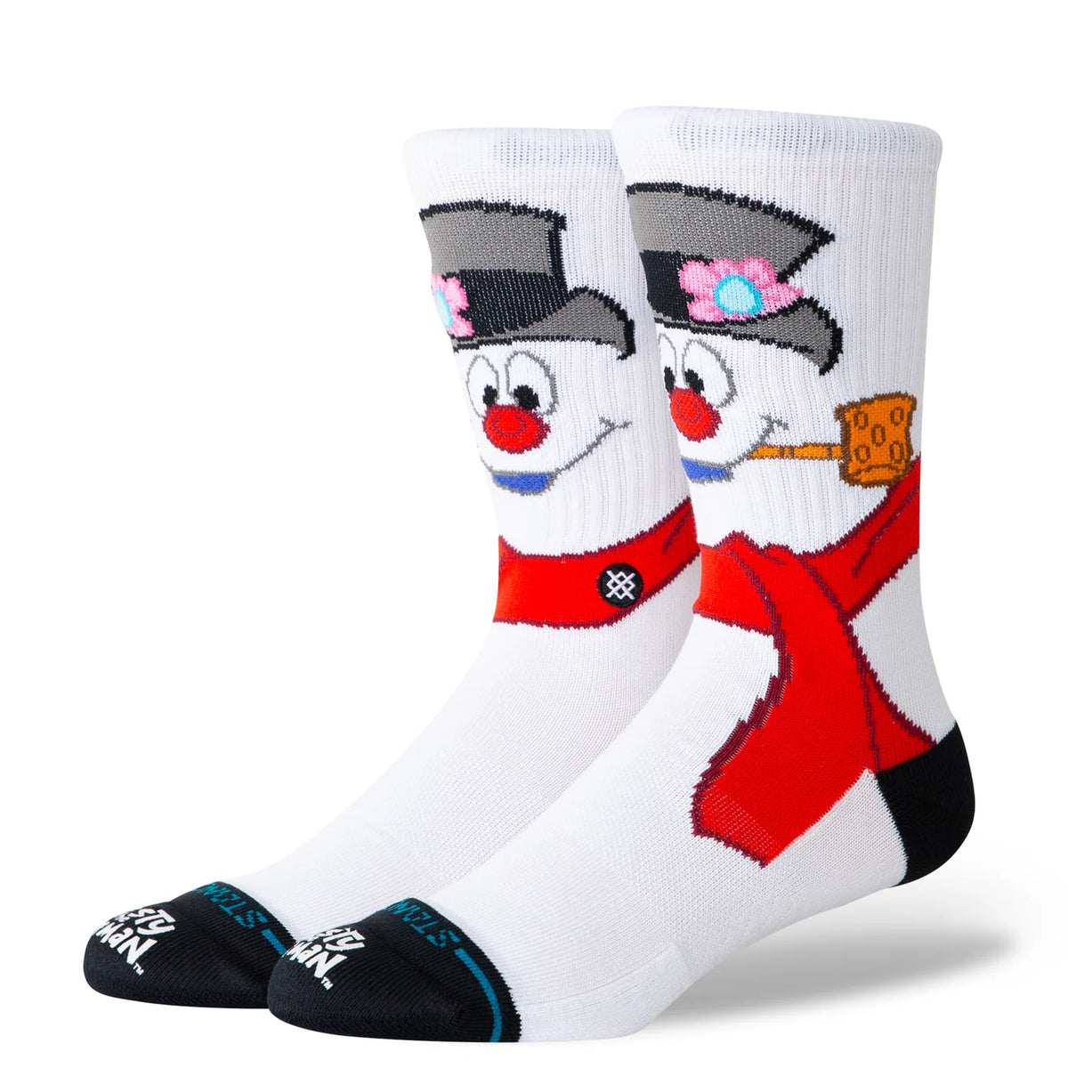 White Stance crew socks featuring Frosty the Snowman with corncob pipe, button nose, coal eyes, and red scarf.