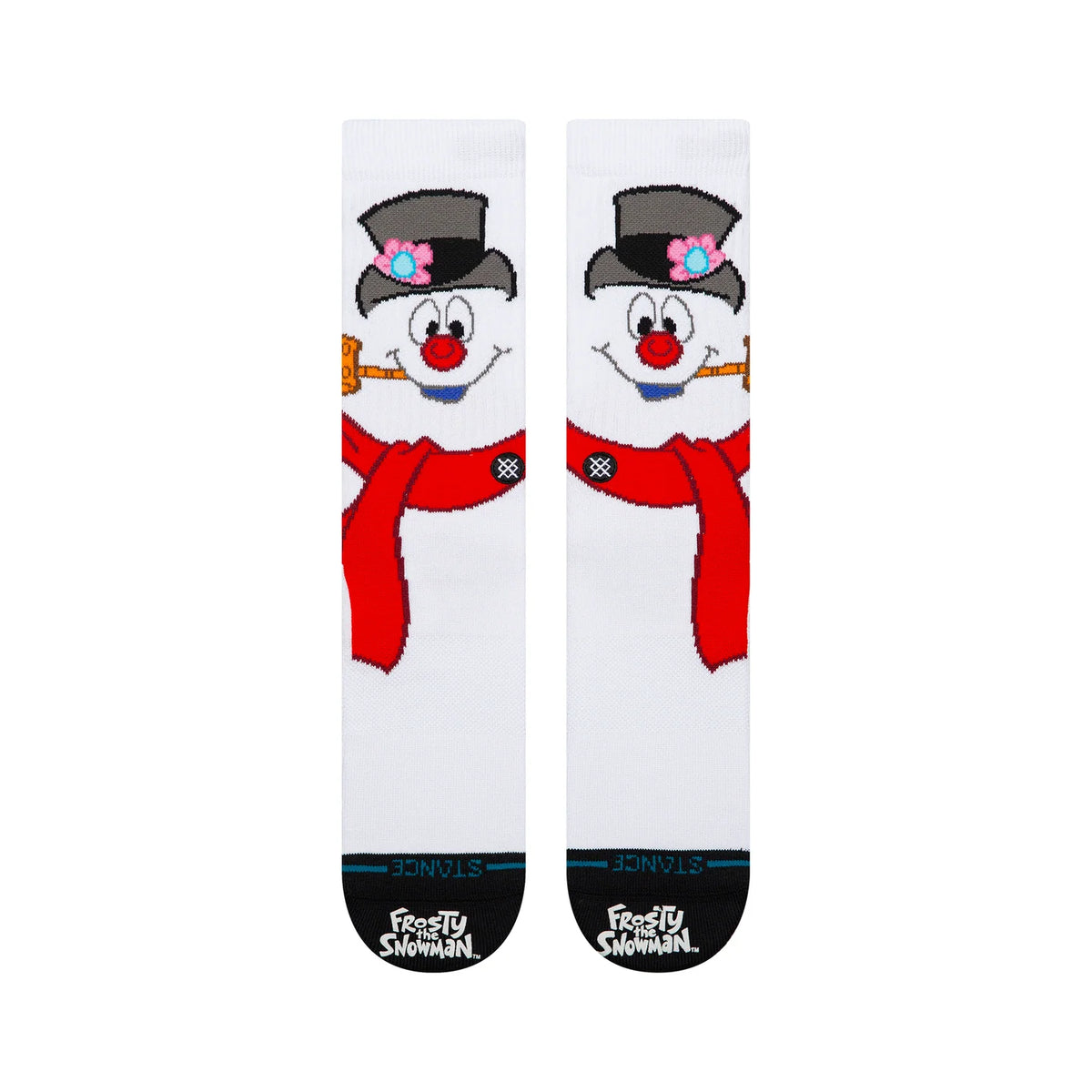 White Stance crew socks featuring Frosty the Snowman with a red scarf, top hat, corncob pipe, and coal eyes.