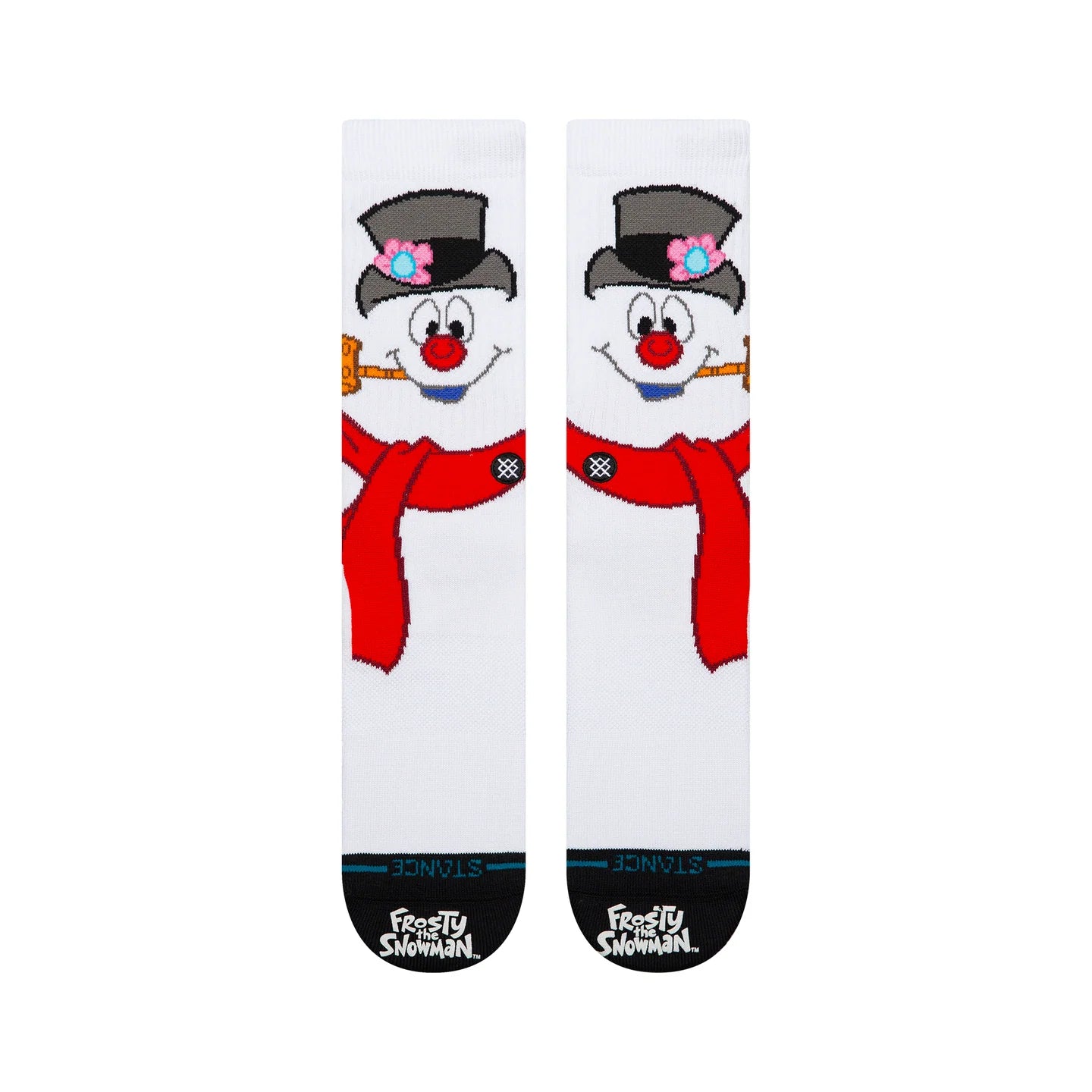 White Stance crew socks featuring Frosty the Snowman with a red scarf, top hat, corncob pipe, and coal eyes.
