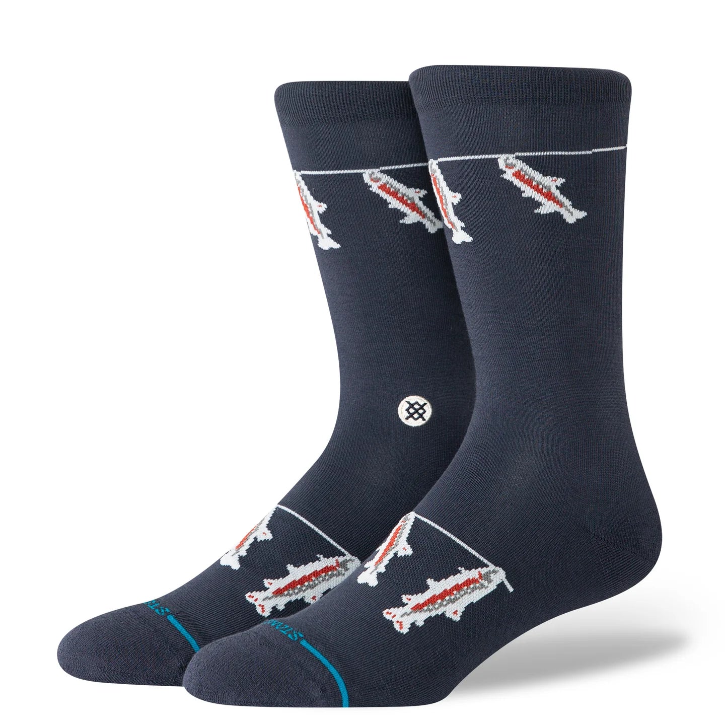 Stance Gone Fishin' Crew Socks in navy with fish motif, seamless toe, and cushioned support.