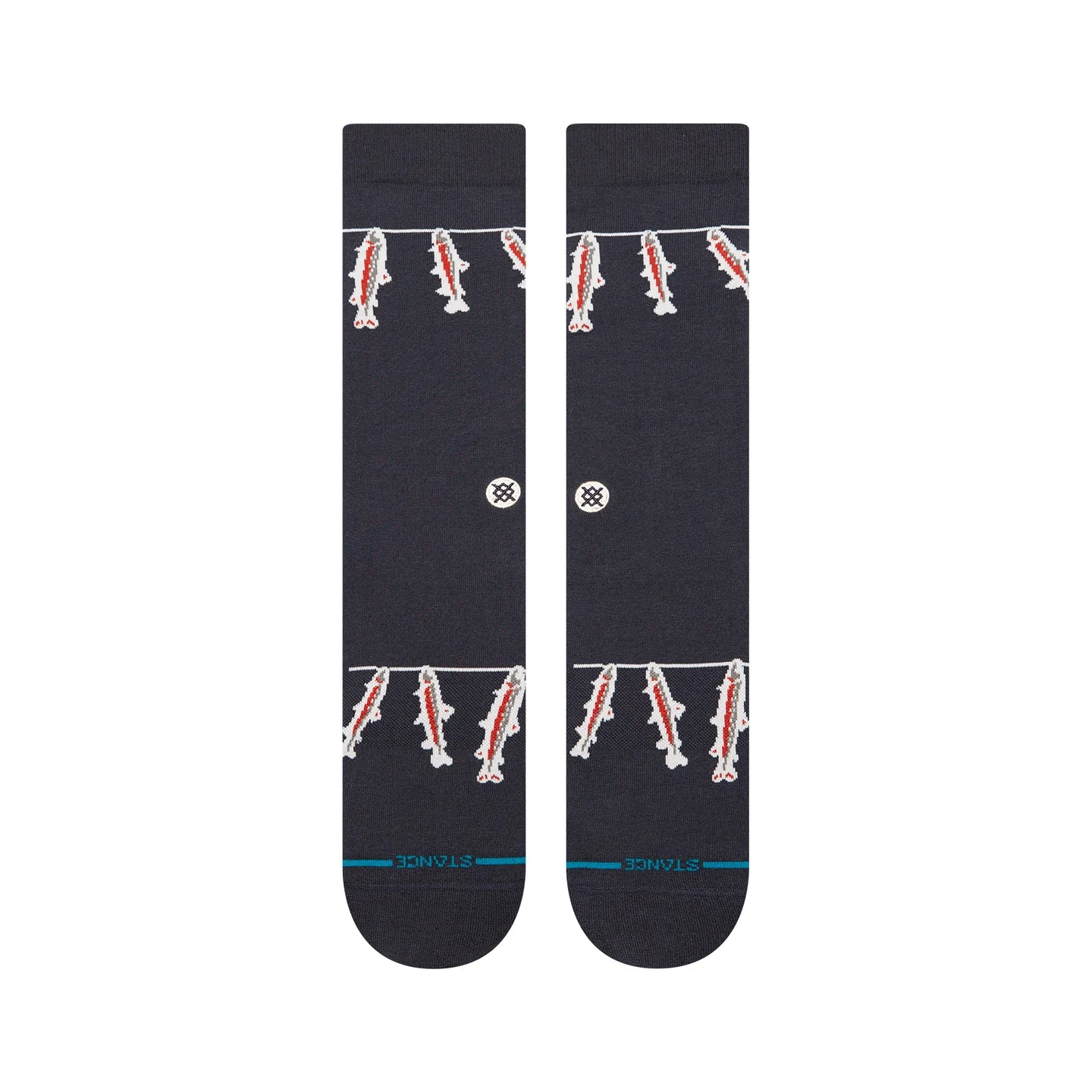 Stance Gone Fishin' Crew Socks in navy with fish motif, seamless toe, and cushioned support.