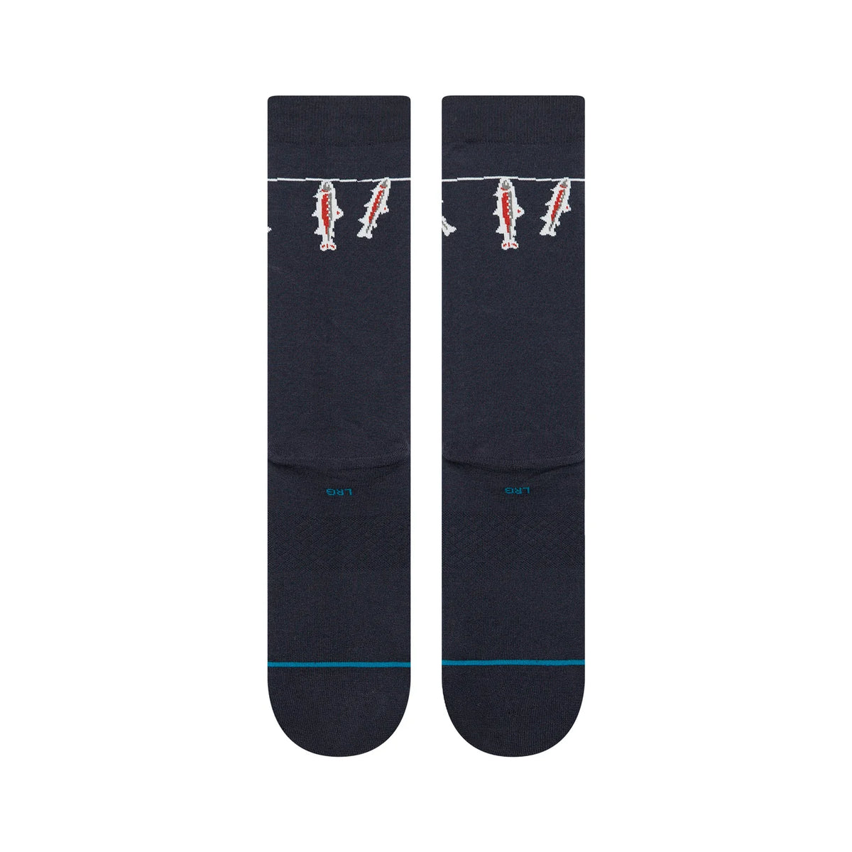Two navy Stance Gone Fishin' Crew Socks with a fish motif at the cuff and turquoise toe line
