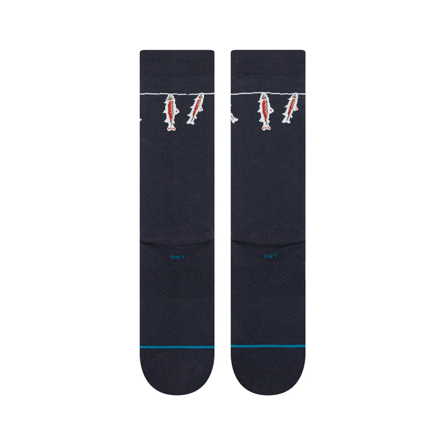 Two navy Stance Gone Fishin' Crew Socks with a fish motif at the cuff and turquoise toe line