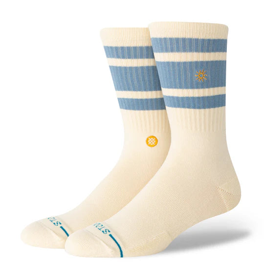 Stance Got Sol Crew Socks: cream crew-length socks with blue stripes and sun emblem.