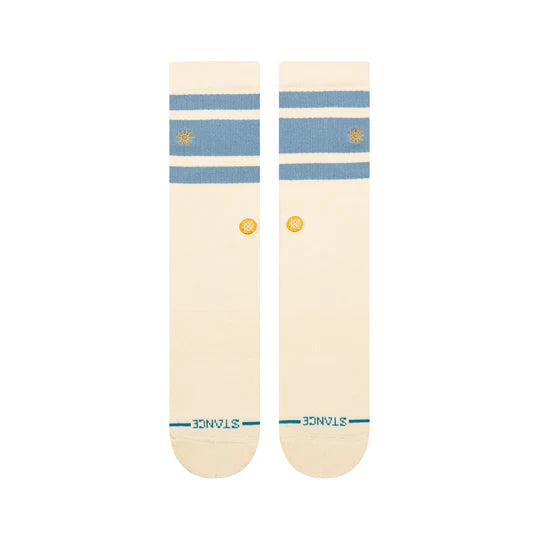 Stance Got Sol Crew Socks in cream with blue stripes and sun emblem, mid-calf length, cushioned comfort.