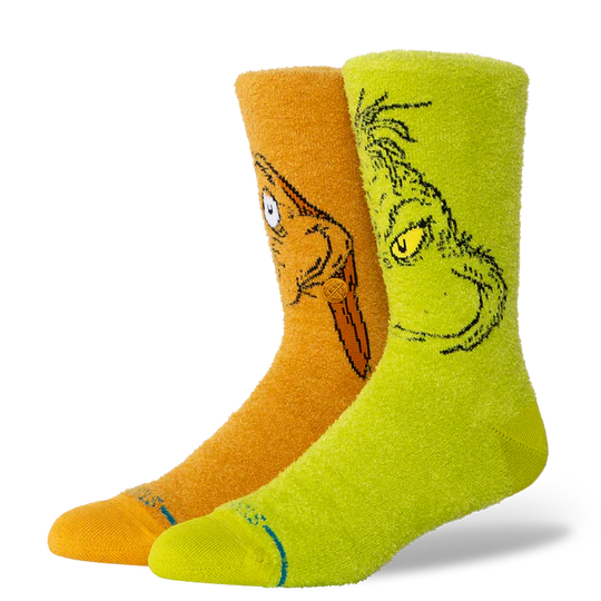Stance Grinch &amp; Max crew socks - orange Max and lime Grinch designs with cushioned feet and seamless toe.