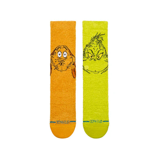 Stance Grinch & Max crew socks - orange Max and lime Grinch designs with cushioned feet and seamless toe.