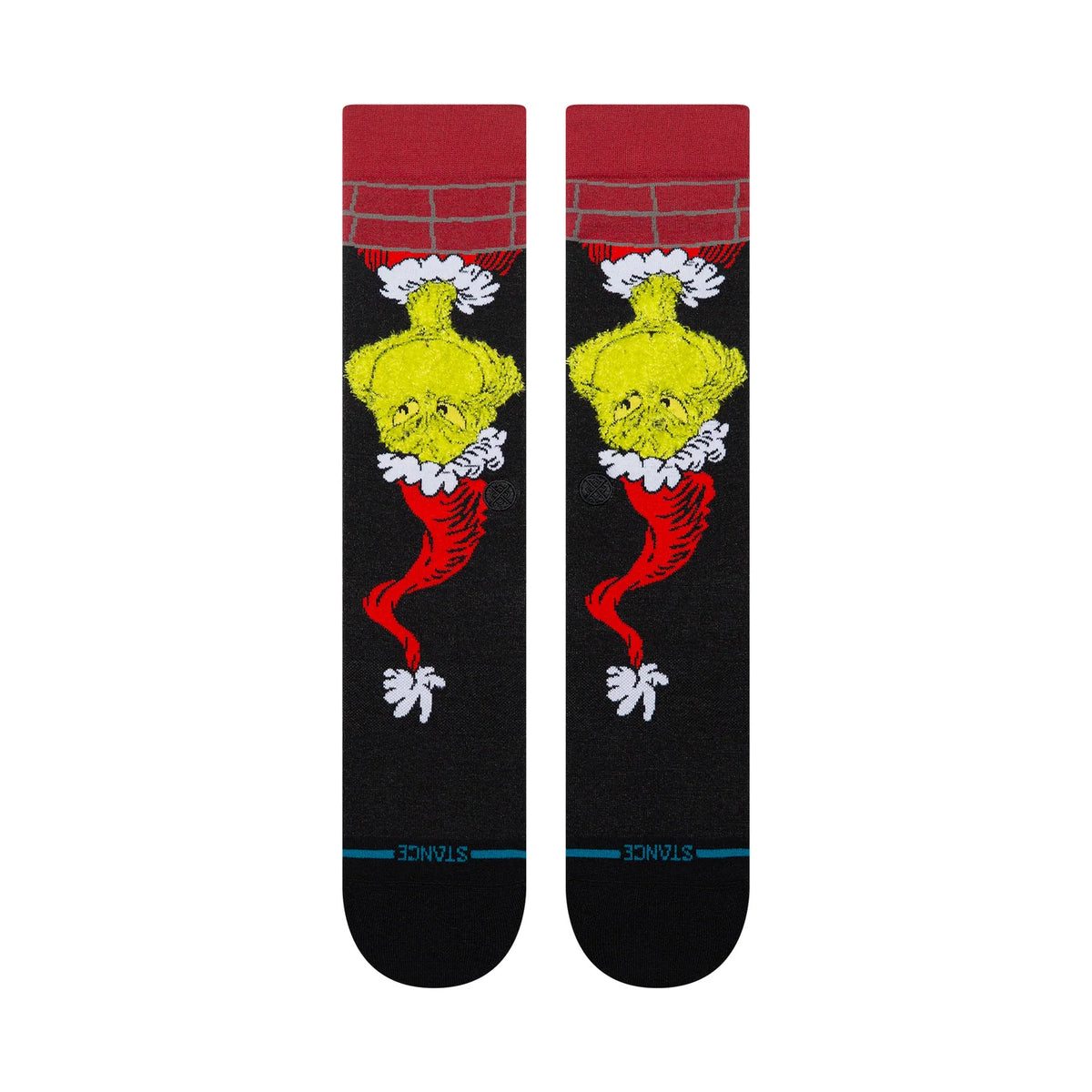 Stance The Grinch Down the Chimney black crew socks featuring the Grinch sliding down a red brick chimney in a festive holiday design.