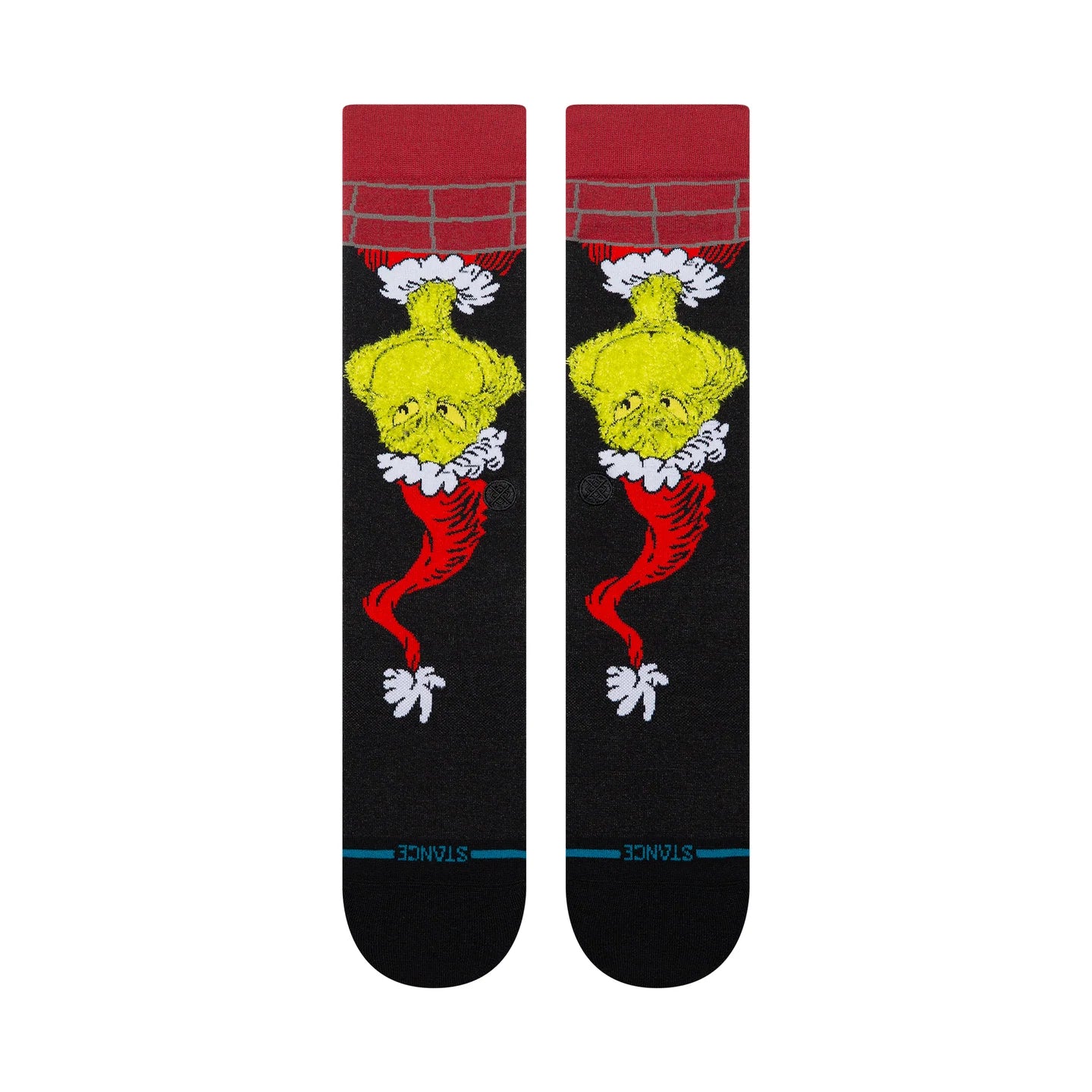 Stance The Grinch Down the Chimney black crew socks featuring the Grinch sliding down a red brick chimney in a festive holiday design.